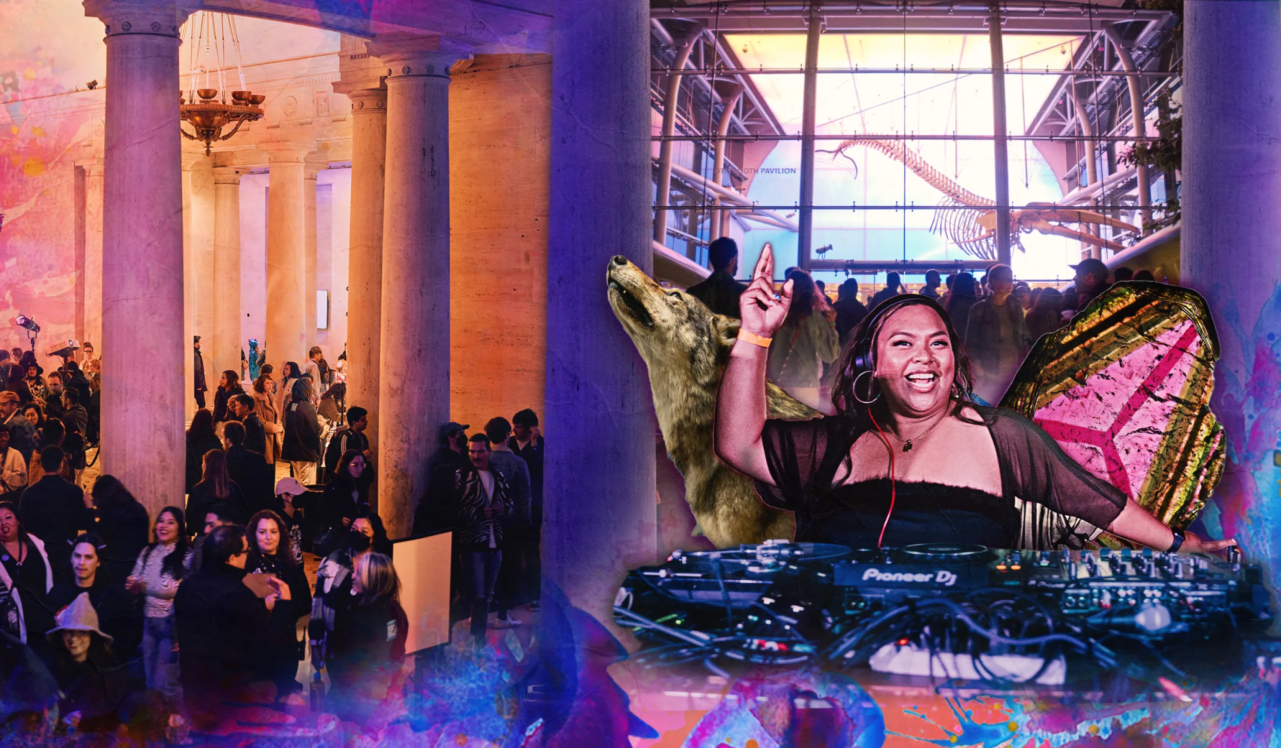 DJ pointing upwards with a taxidermy wolf, whale skeleton, and visitors in the background