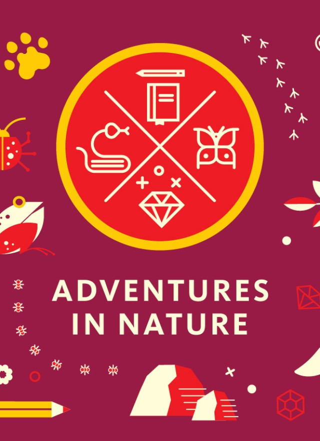 maroon background with icons of things from nature (coyote, dinosaur skull, strawberries)