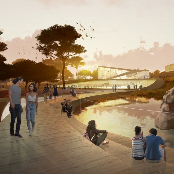 Two pedestrian paths bring people above the Lake Pit, a site for urban fiction and imagination.