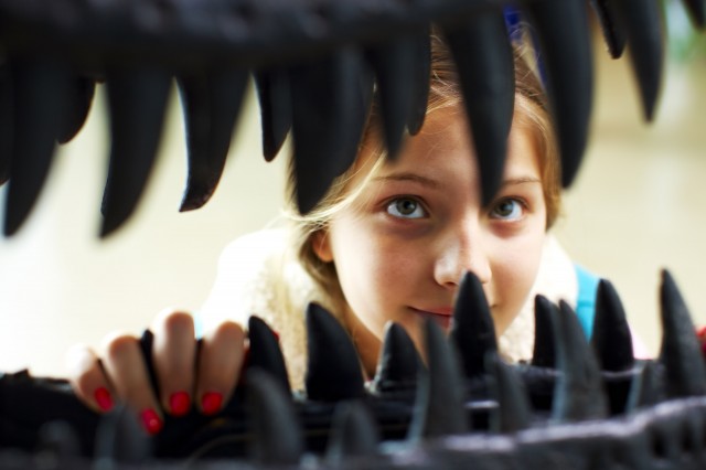 Photograph of a child looking at a t rex skull in the dinosaur hall