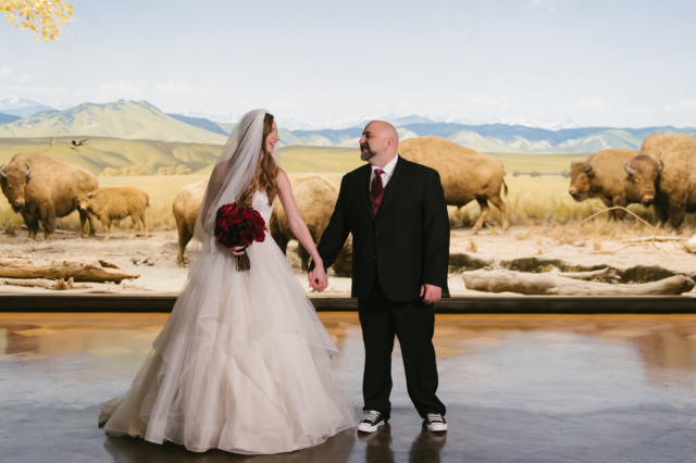 Bride and groom pose in front of the bison in the North American Mammal Hall
