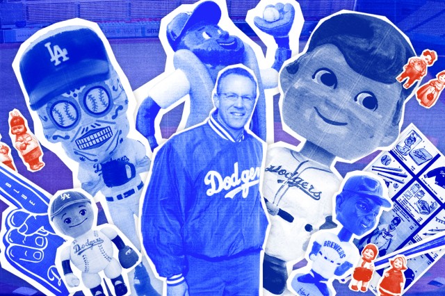collage image with Mark Langill and Dodger Bobbleheads