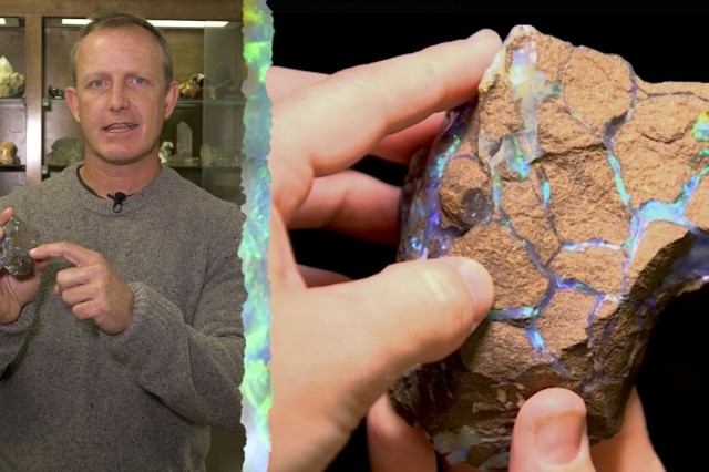 Aaron Celestian holding a reddish-brown stone with stripes of greenish iridescent stripes next to a closeup of the stone