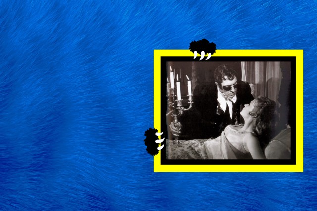 Yellow and black border around a black and white image of a man, holding a candelabra, leaning over a woman in bed, against a blue furry background