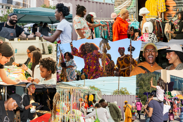 Collage of cut out phototgraphs of people dancing, doing arts and crafts, and looking at racks of clothes