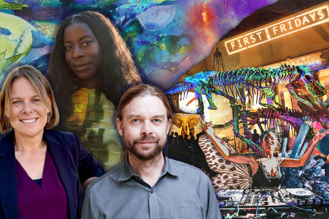 Head and shoulder portraits of speakers with iridescent lighting and dinosaur skeletons in the background