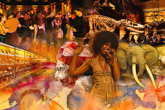 Collage of central woman with microphone and hand in the air, with an elephant, gems in a display case, and a crowd dancing around her