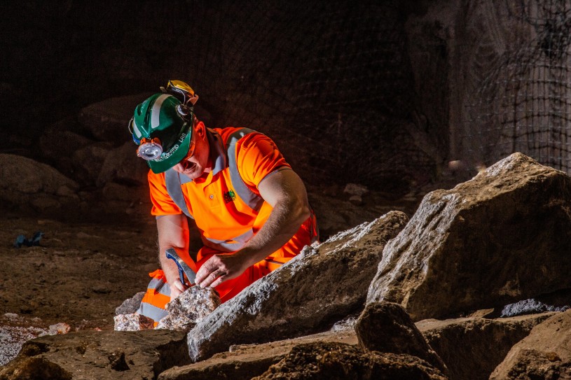 Dr. Celestian searching for bacteria in minerals in the Boulby Mine