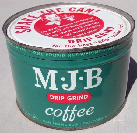 Vintage metal coffee can with the logo: MJB Drip Grind Coffee